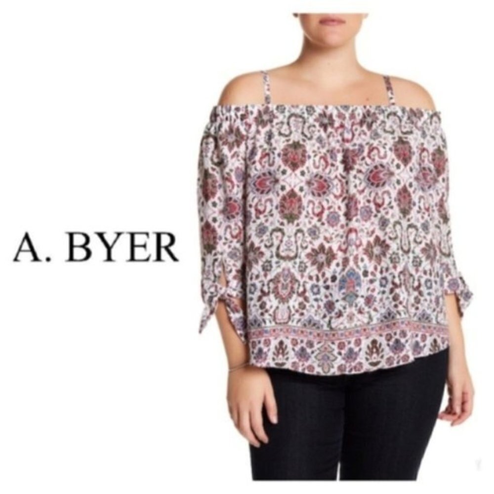 A. Byer Womens Red White Floral Cold Shoulder 3/4 Sleeve Blouse Plus Sz 3X New - Picture 7 of 8